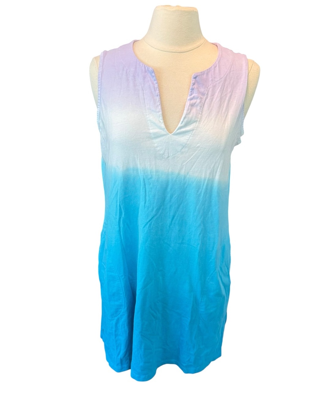 Lands' End Swim Cover-up Dress Cotton Jersey Sleeveless Size MP Blue Ombre Print